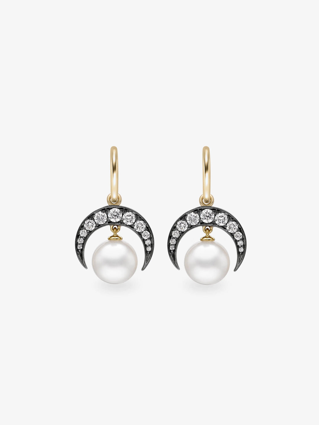 Crescent Moon Diamond & Pearl Gypset Hoop Earrings  View 1