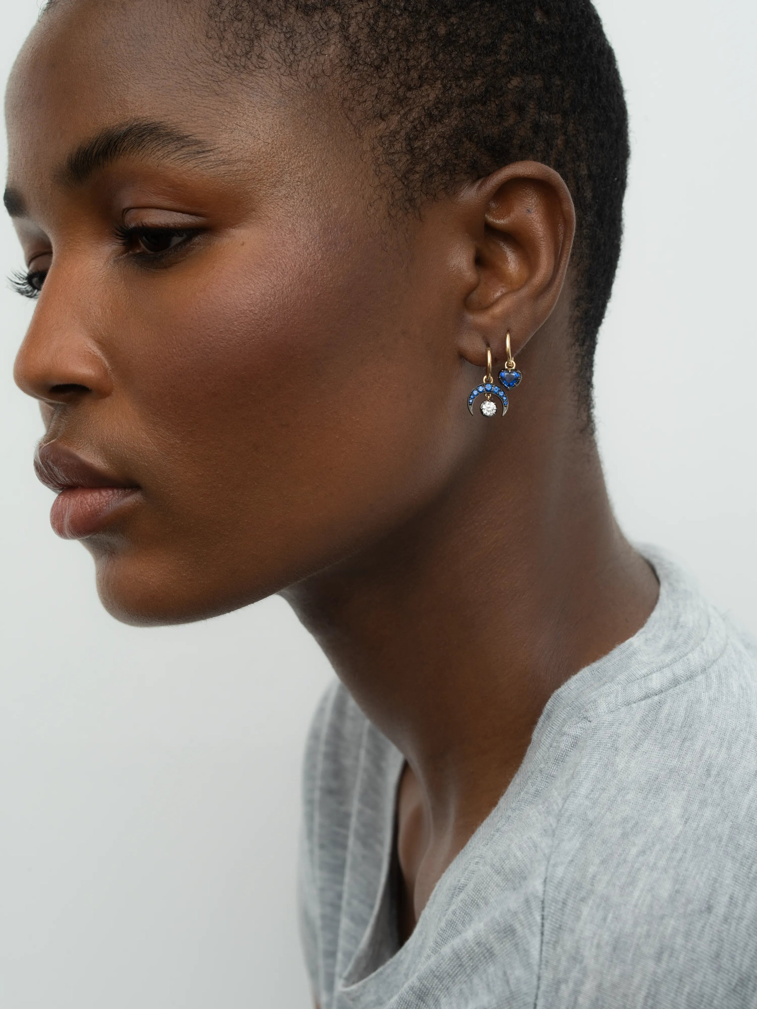 Crescent Moon Sapphire & Blackened Gold Single Gypset Hoop Earring View 3