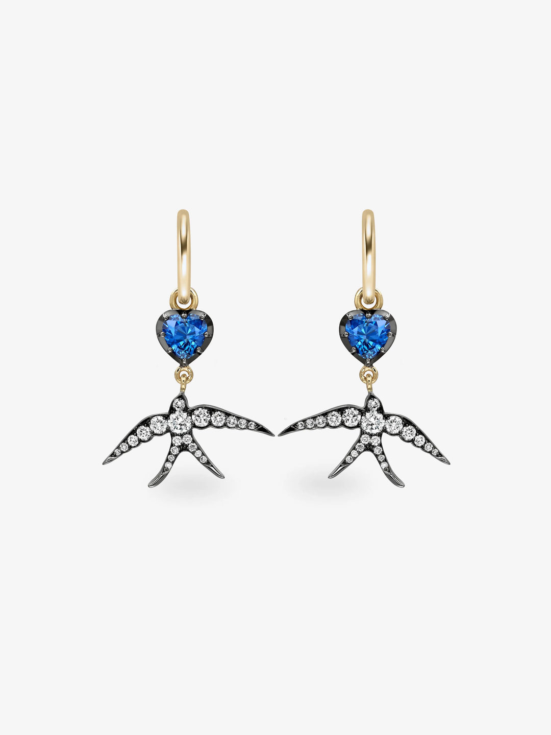 Hello Sailor Heart-Shaped Sapphire & Swallow Gypset Hoop Earrings  View 1