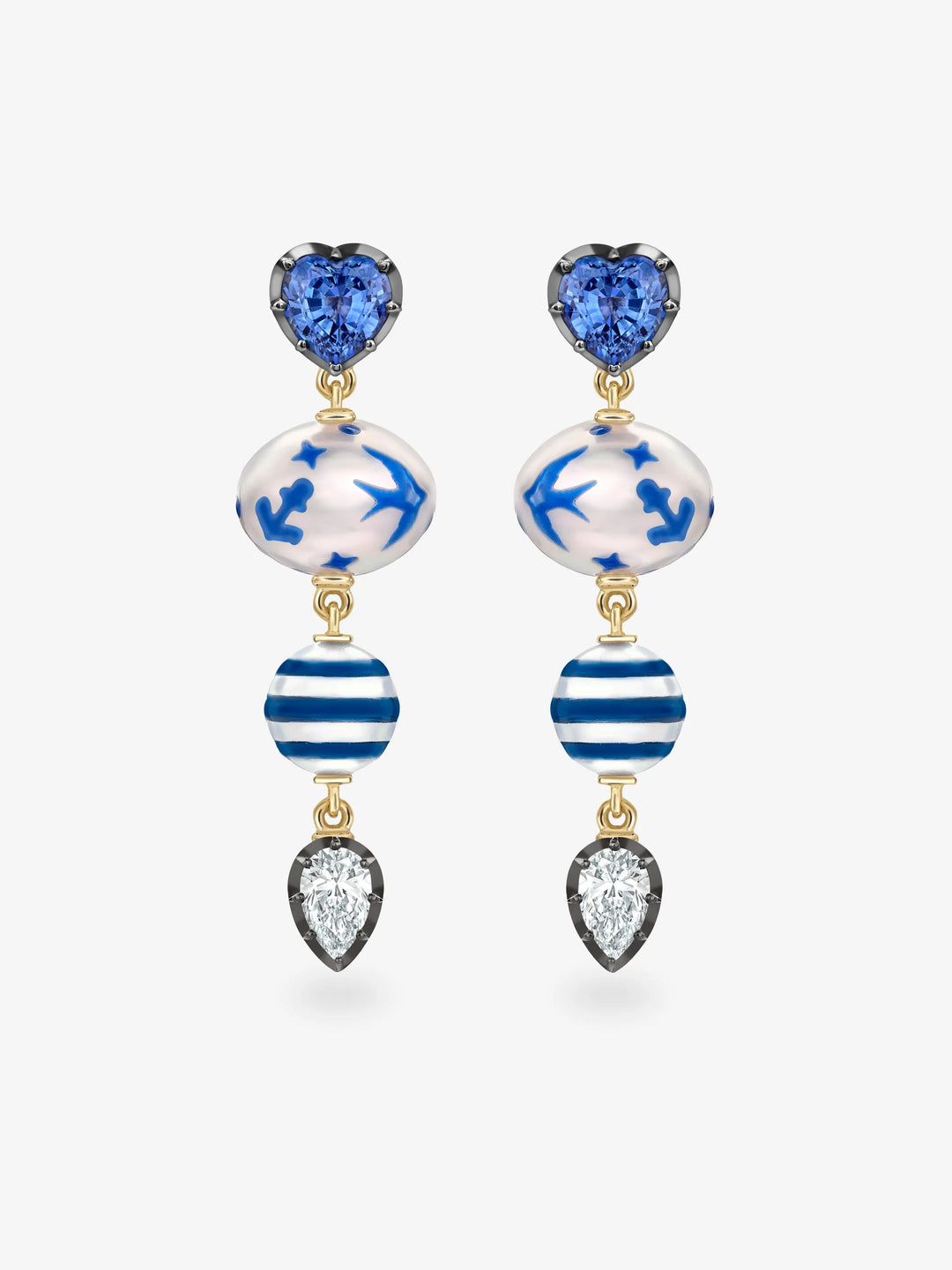 Hello Sailor Double Pearl, Diamond & Sapphire Earrings View 1