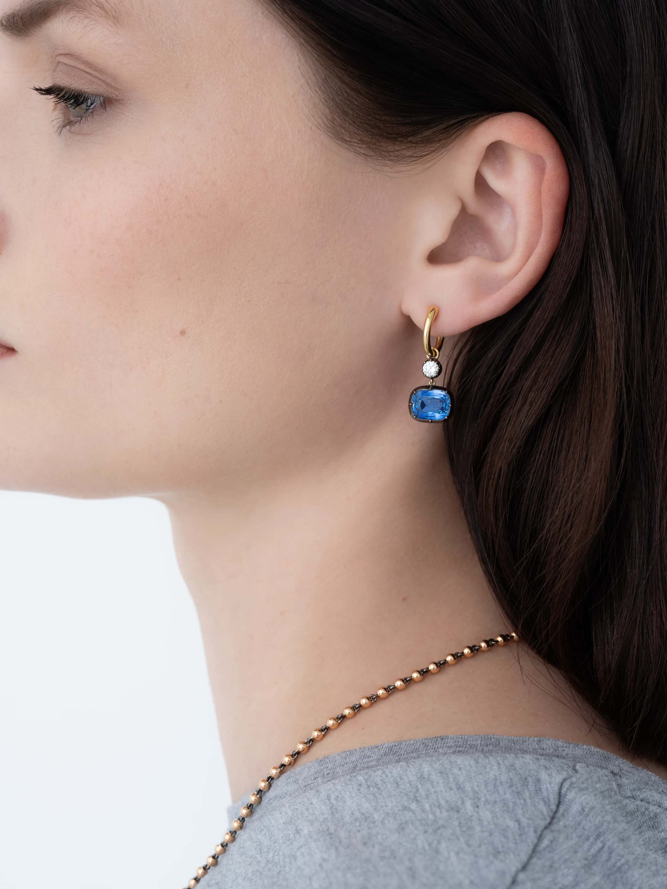 Asymmetric 3ct East-West Cushion Sapphire & Diamond Hoop Earrings View 3