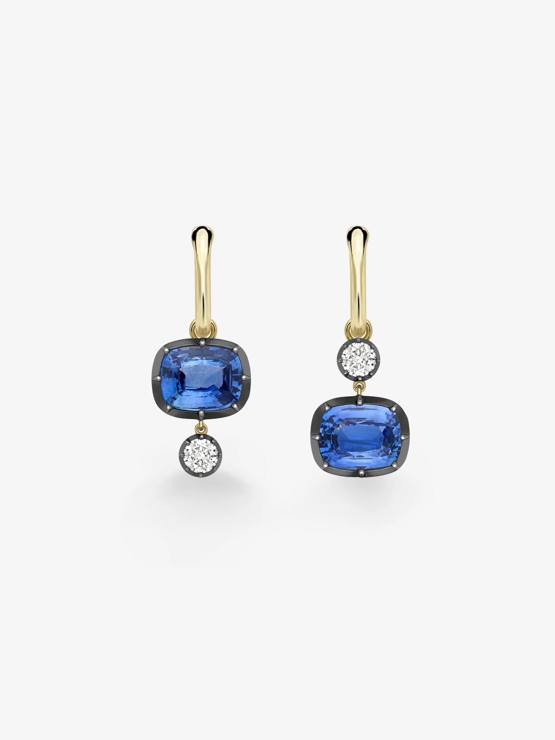 Asymmetric 3ct East-West Cushion Sapphire & Diamond Hoop Earrings View 1