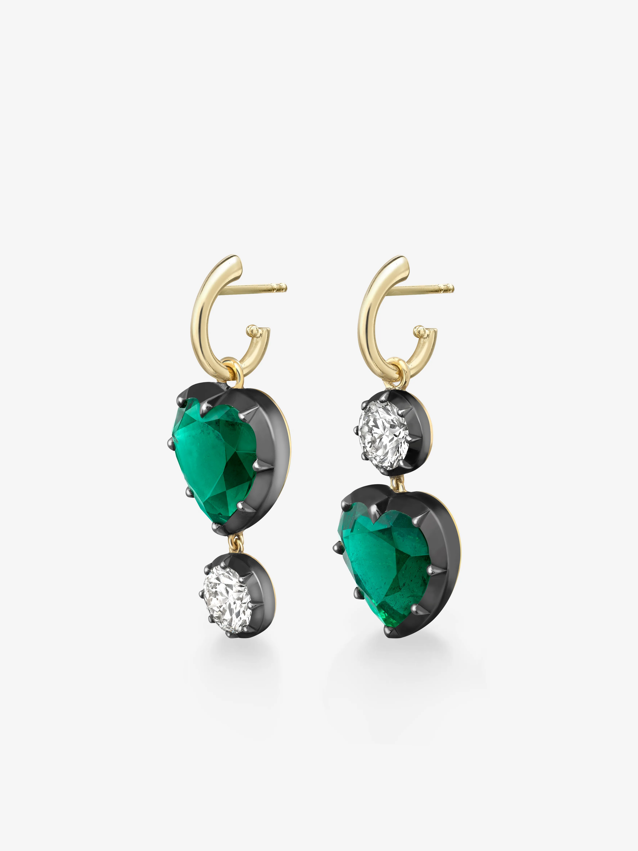 Asymmetric Heart-Shaped Emerald & Diamond Hoop Earrings View 2