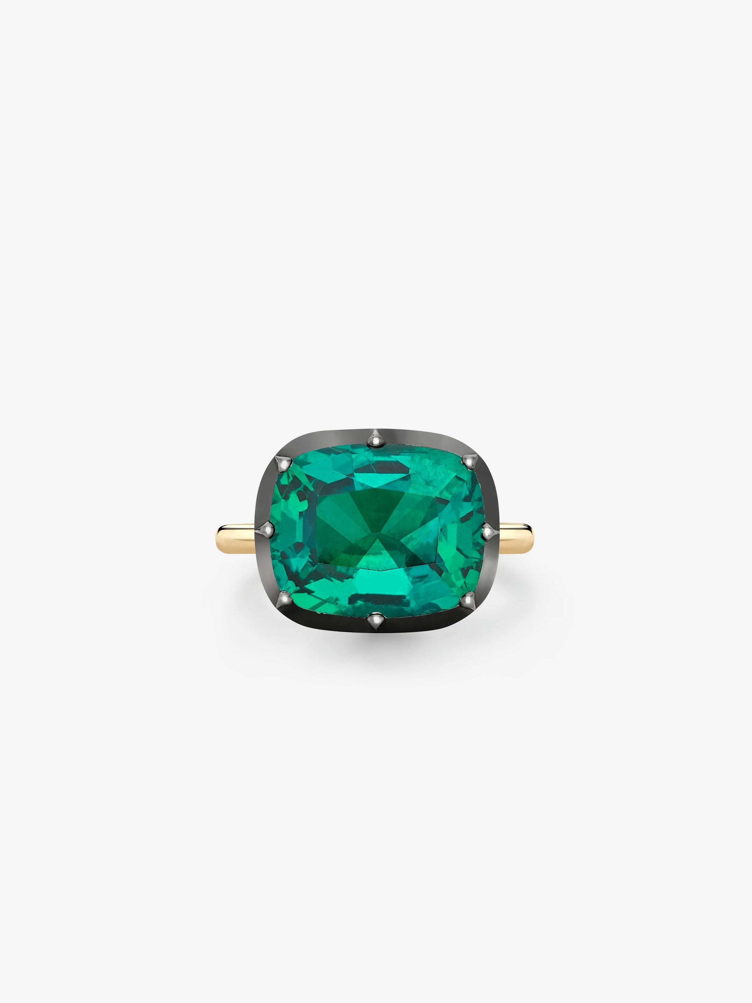7.04ct East-West Cushion Emerald Button Back Ring View 1