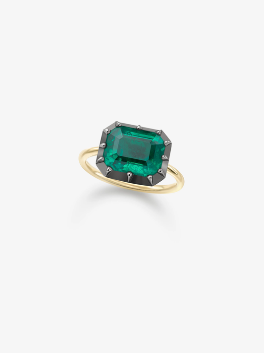 5.54ct East-West Emerald Cut Emerald Button Back Ring View 2