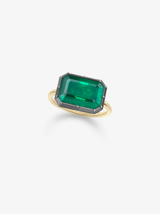 6.69ct East-West Emerald Cut Emerald Button Back Ring View 2