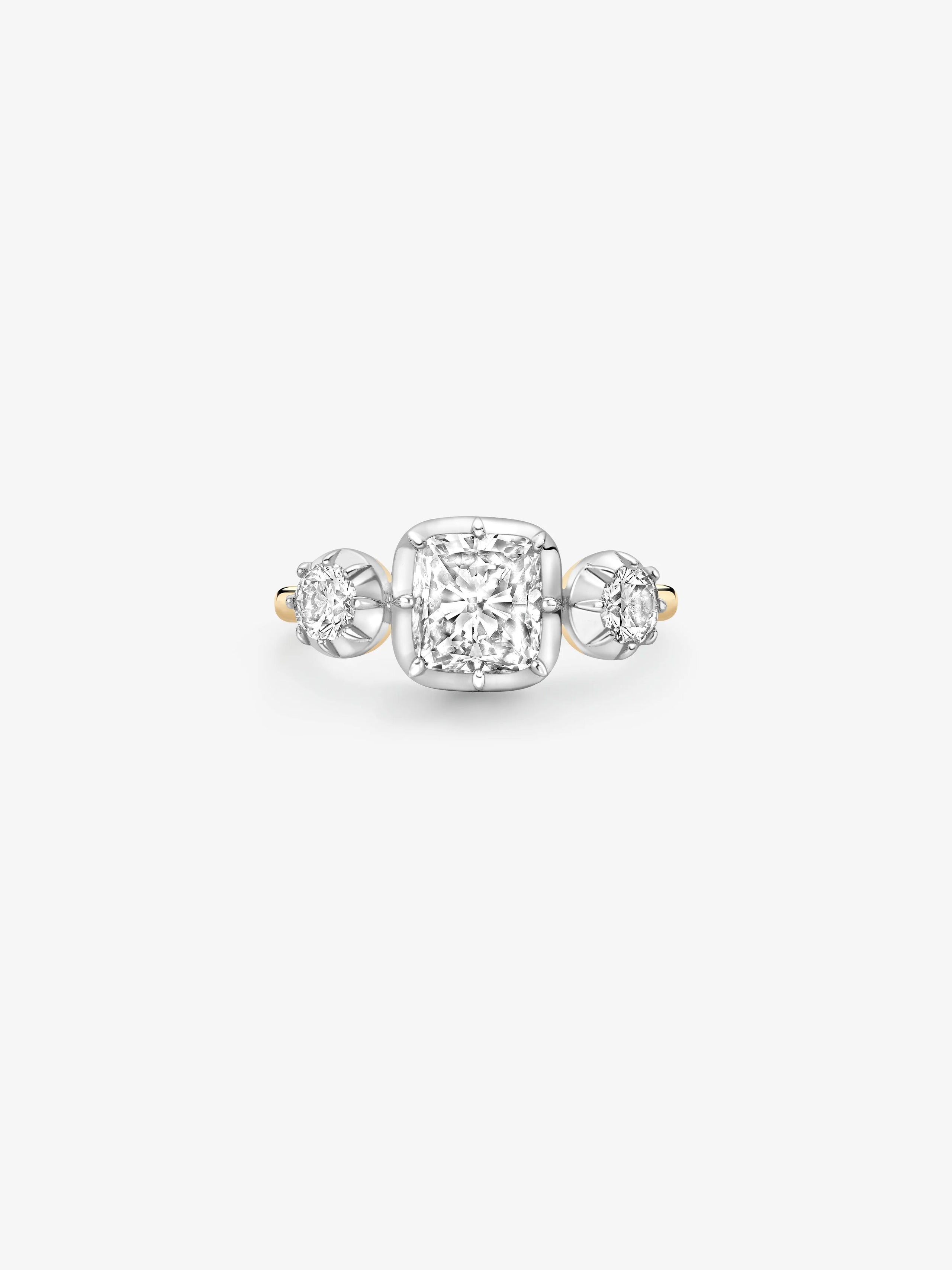 1.51ct Three Stone Cushion Diamond Button Back Ring View 1