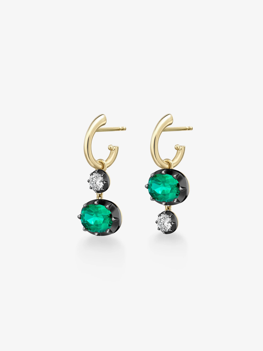 Asymmetric 1.82ct Oval Emerald & Diamond Gypset Hoop Earrings View 2