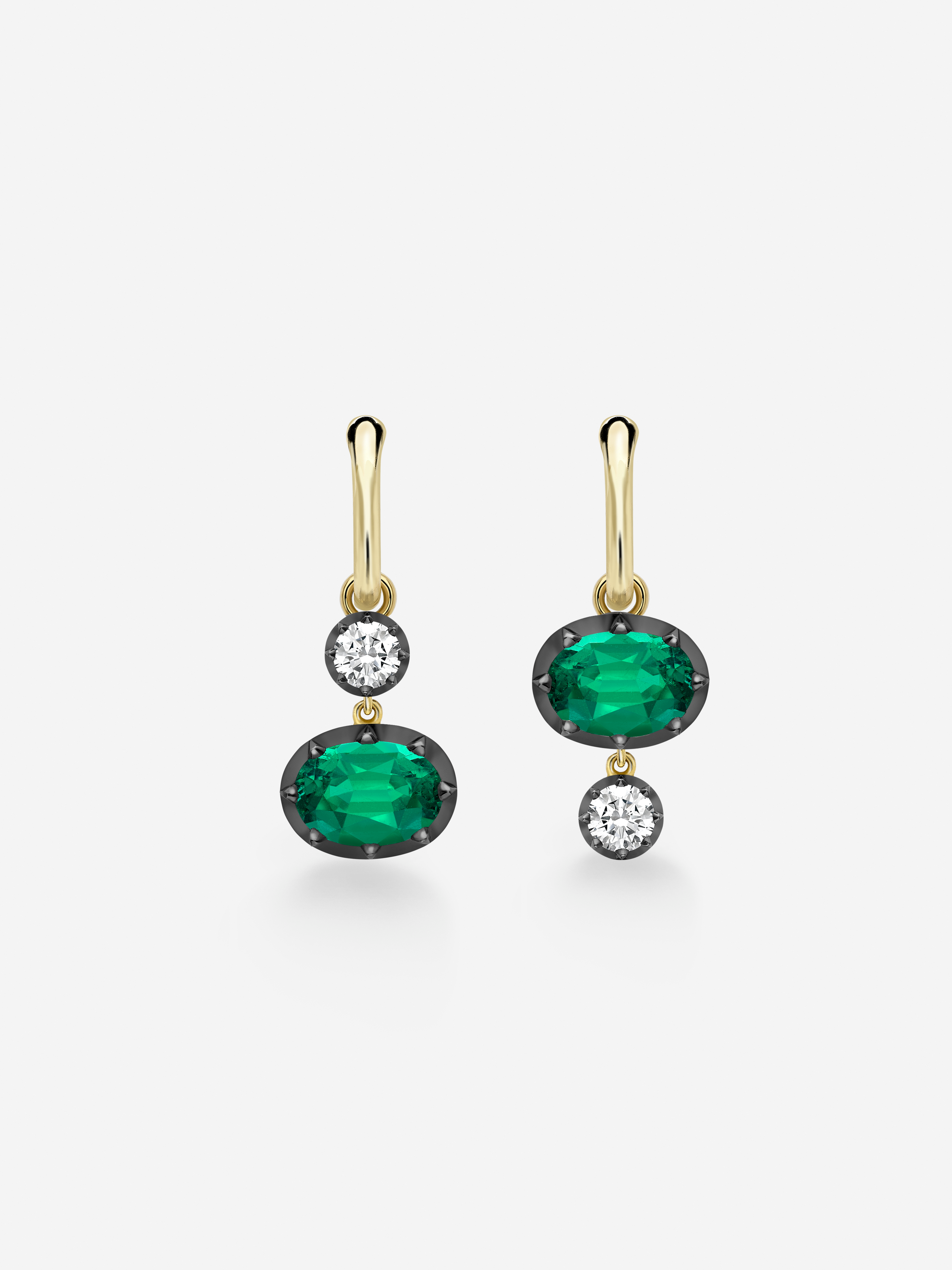 Asymmetric 1.82ct Oval Emerald & Diamond Gypset Hoop Earrings View 1