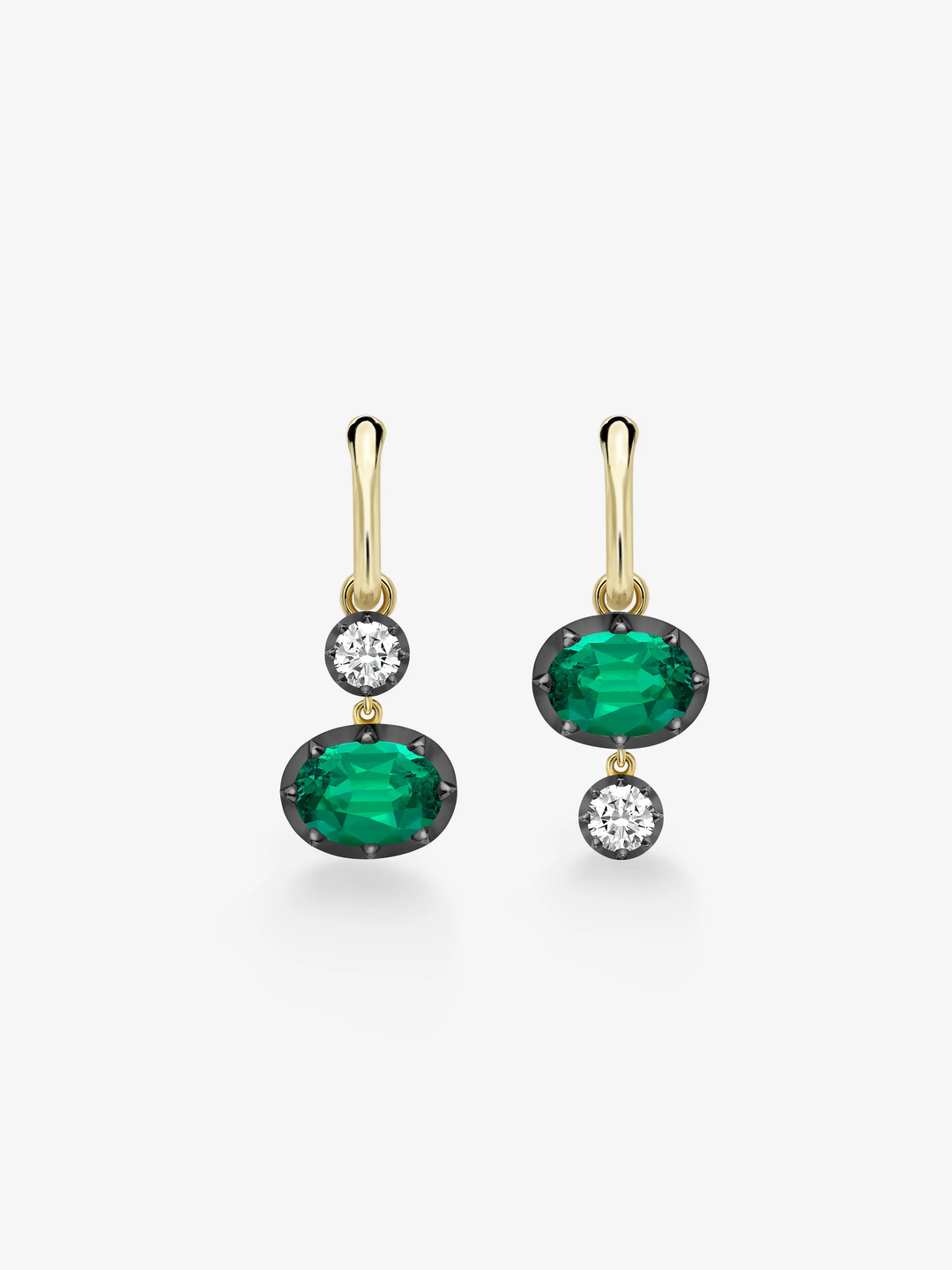 Asymmetric Oval Emerald & Diamond Hoop Earrings  View 1
