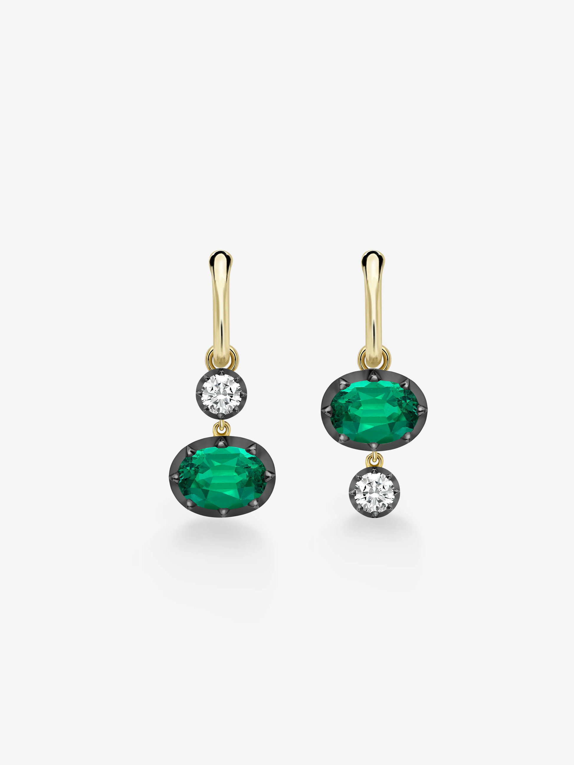 Asymmetric Oval Emerald & Diamond Hoop Earrings View 1