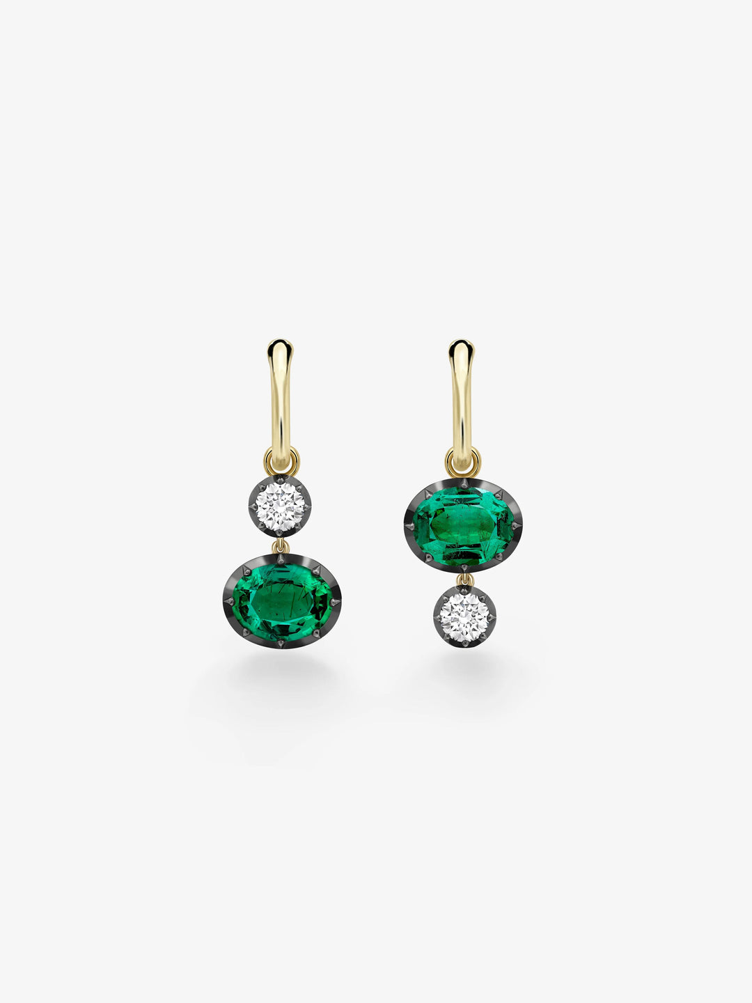 Asymmetric Oval Emerald & Diamond Hoop Earrings  View 1