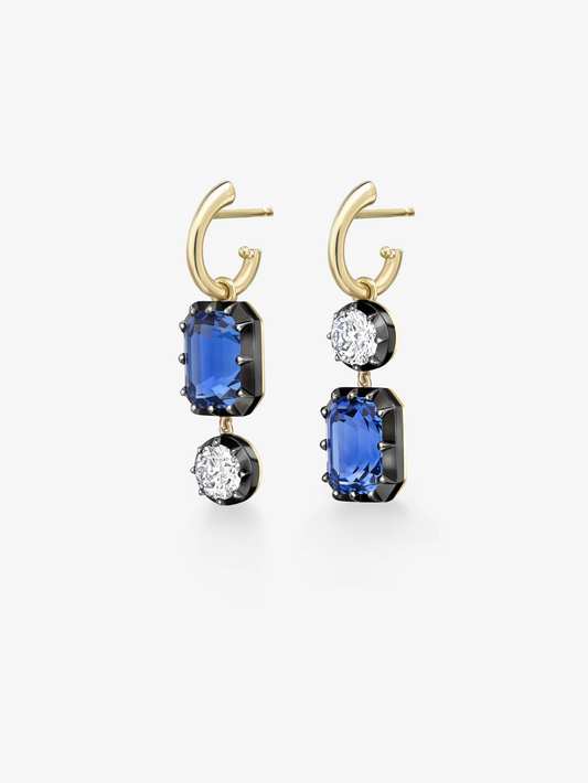 Asymmetric Emerald Cut Sapphire & Diamond Hoop Earrings View 2