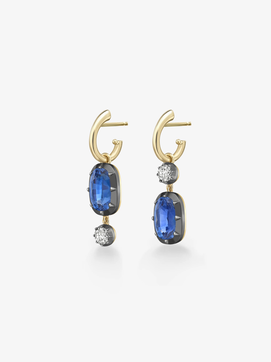 Asymmetric 3.30ct Cushion Sapphire & Diamond Hoop Earrings View 2