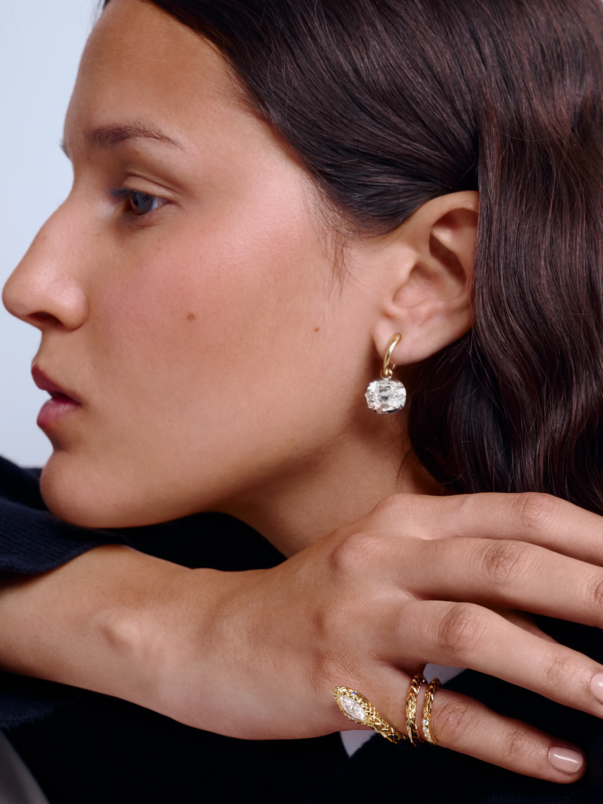 4ct East-West Old Mine Cut Diamond Gypset Hoop Earrings View 3