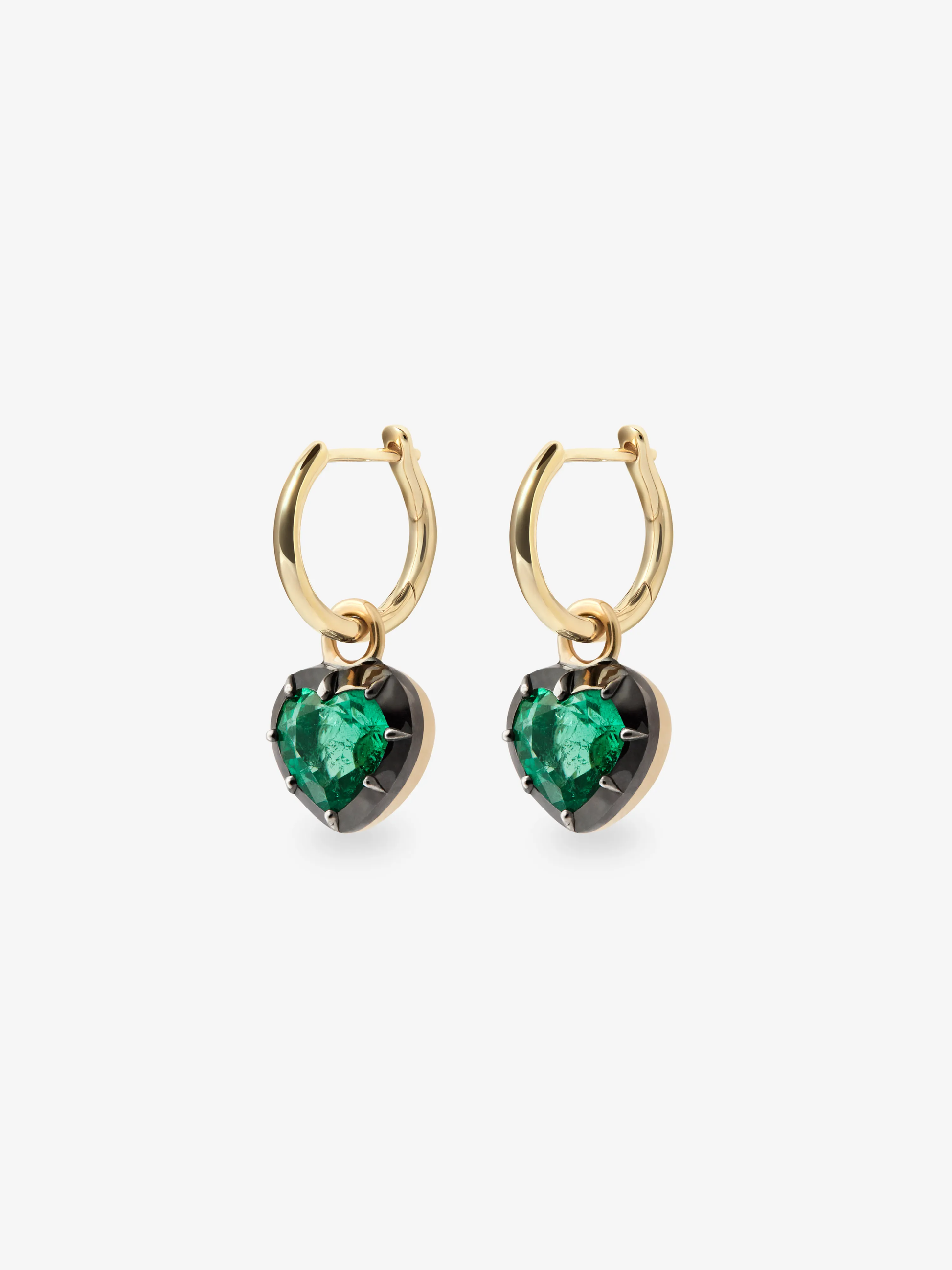 0.70ct Heart-Shaped Emerald & Blackened Gold Gypset Hoop Earrings View 2