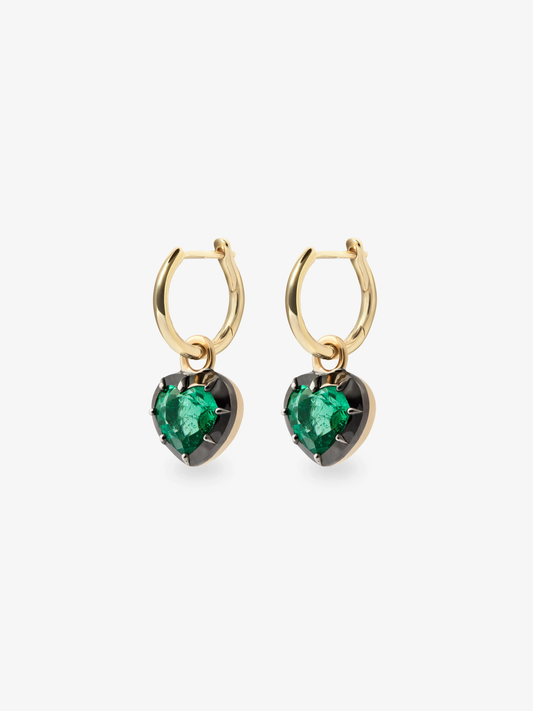 0.70ct Heart-Shaped Emerald & Blackened Gold Gypset Hoop Earrings View 2