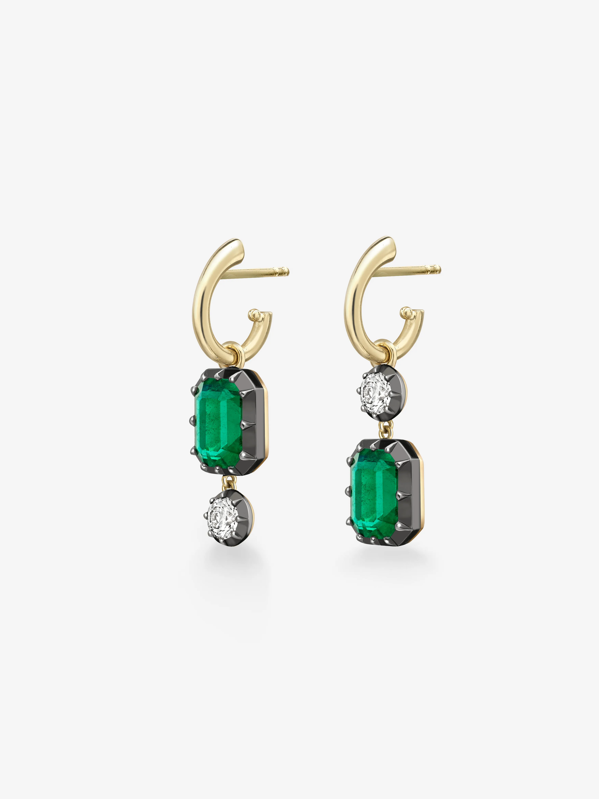 Asymmetric Emerald Cut Emerald & Diamond Hoop Earrings View 2