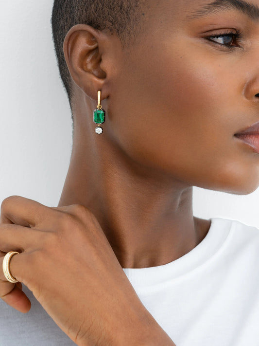 Asymmetric Emerald Cut Emerald & Diamond Hoop Earrings View 3