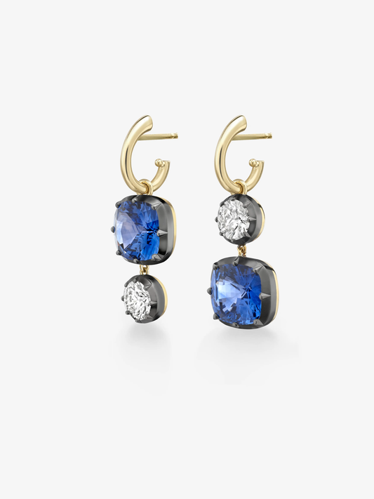 Asymmetric 7ct Cushion Sapphire & Diamond Hoop Earrings View 2