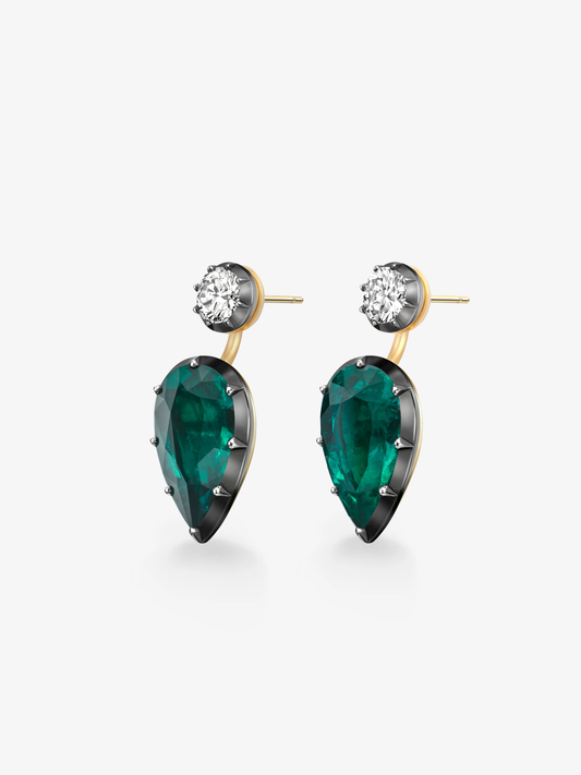 Pair of elegant pear-shaped emerald and diamond stud earrings set in yellow gold with traditional hand-crafted prong settings, blending antique inspiration with contemporary design. View 2