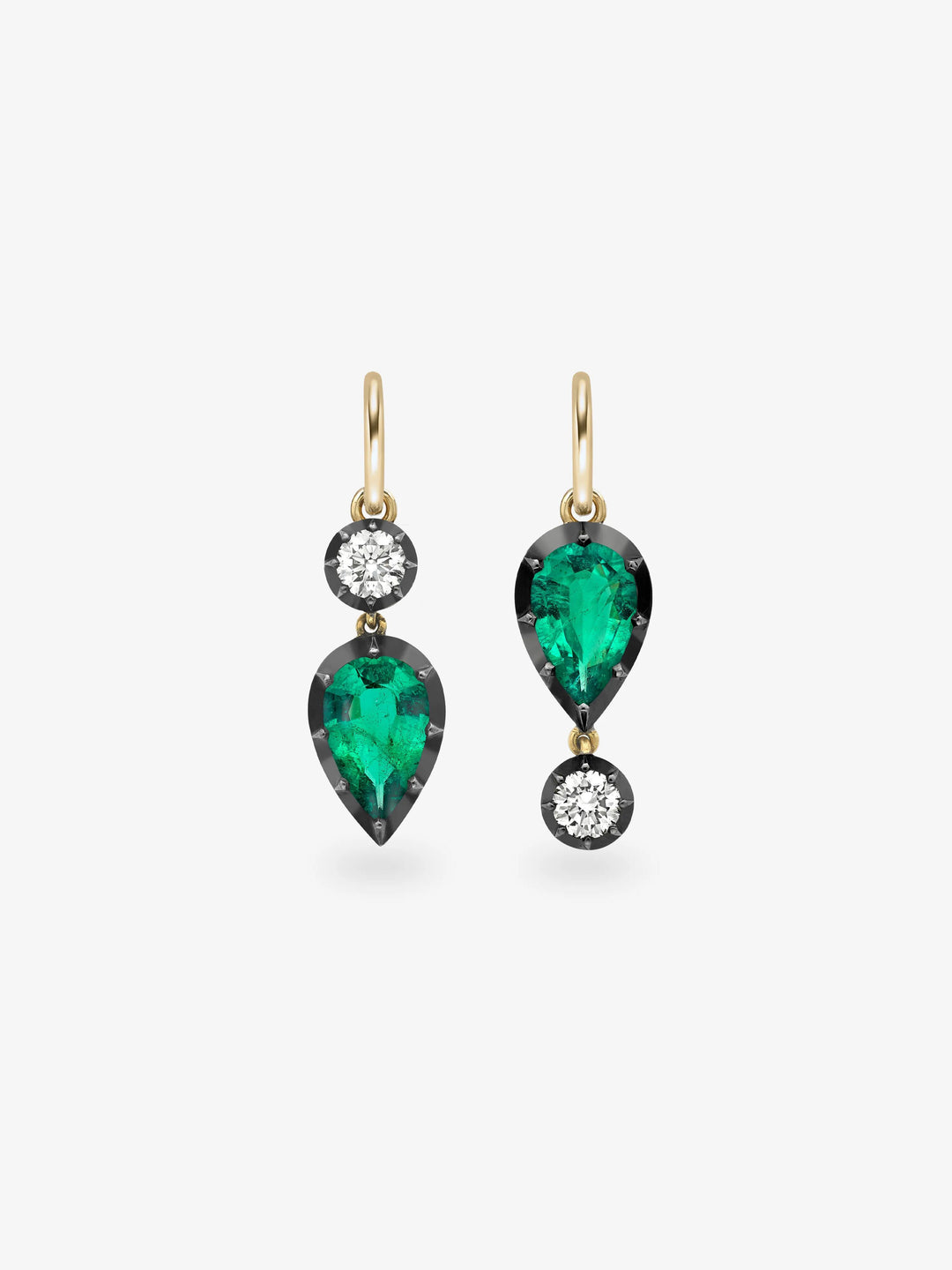 Asymmetric Pear-Shaped Emerald & Diamond Gypset Hoop Earrings  View 1