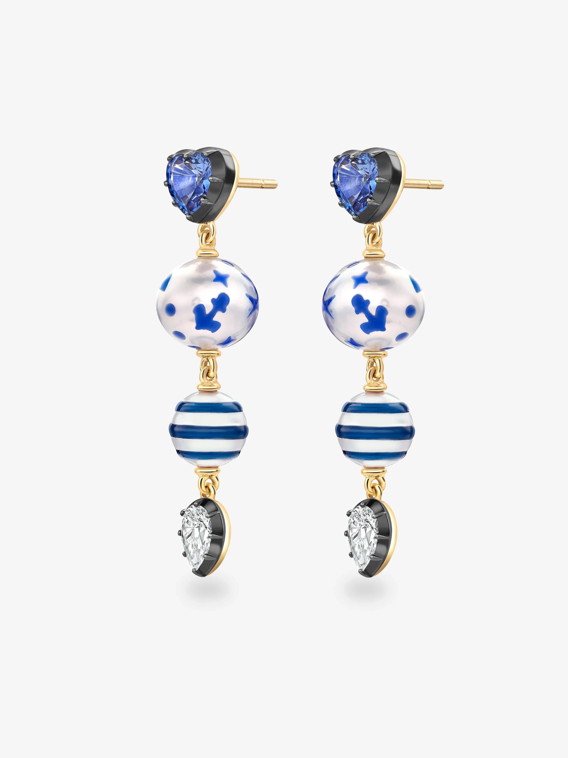 Hello Sailor Double Pearl, Diamond & Sapphire Earrings View 2