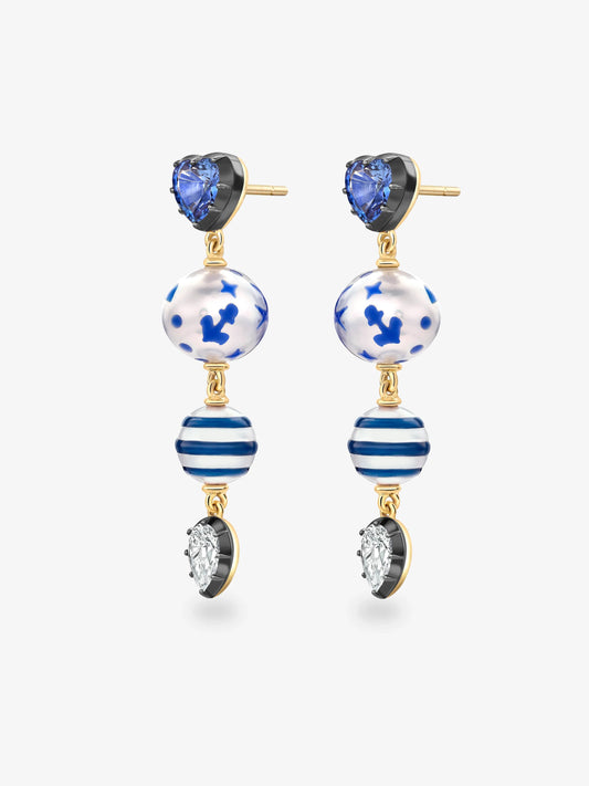 Hello Sailor Double Pearl, Diamond & Sapphire Earrings View 2
