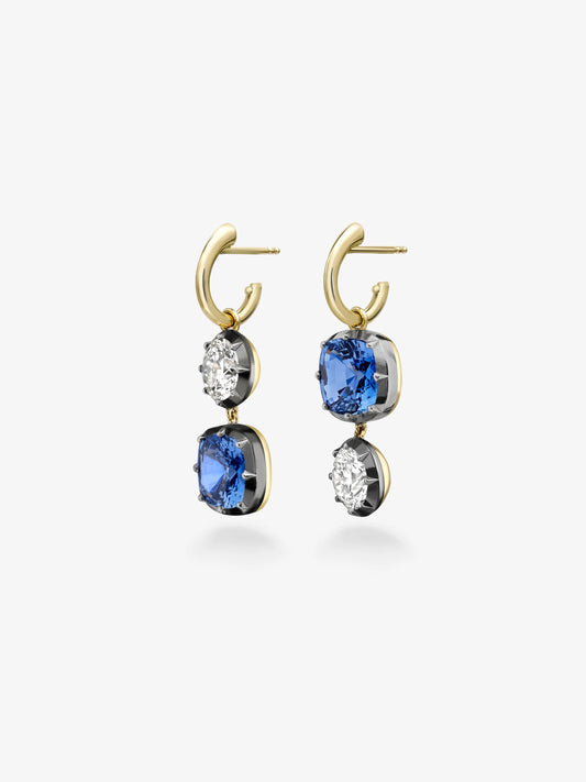 Asymmetric 3.70ct Cushion Sapphire & Diamond Hoop Earrings View 2