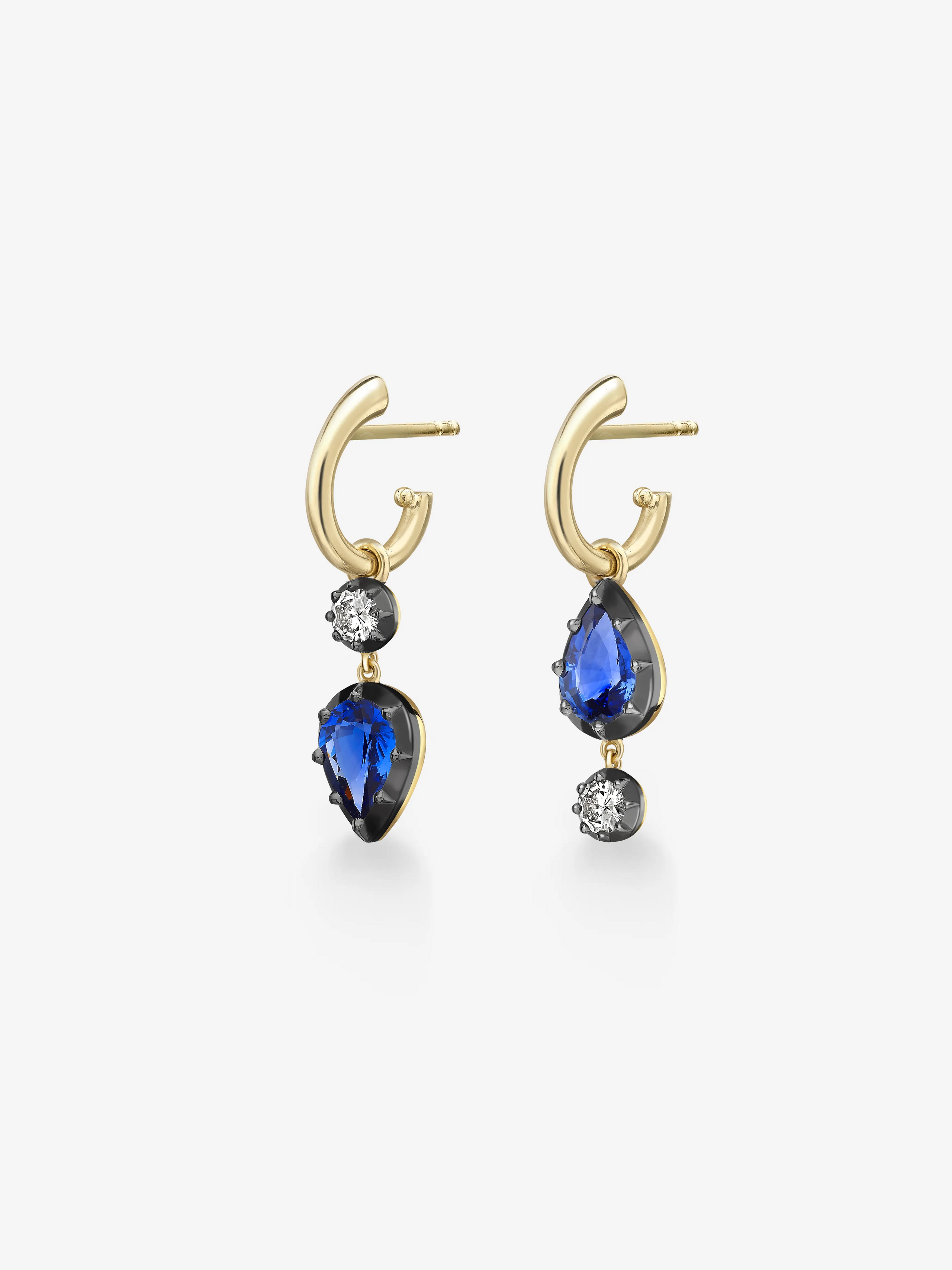 Asymmetric Pear-Shaped Sapphire & Oval Diamond Hoop Earrings View 1