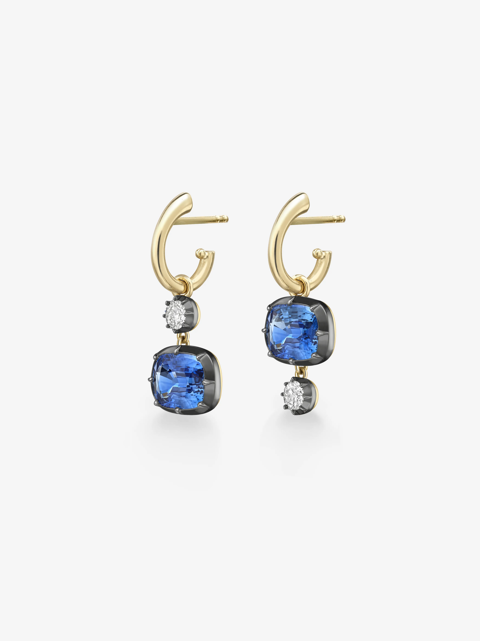 Asymmetric 3ct Cushion Sapphire & Diamond Hoop Earrings View 2