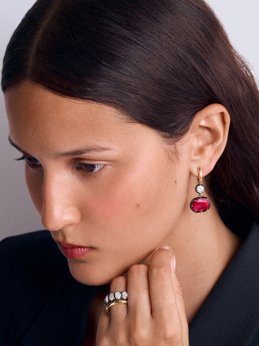 Asymmetric 9.10ct Oval Ruby & Diamond Hoop Earrings View 3