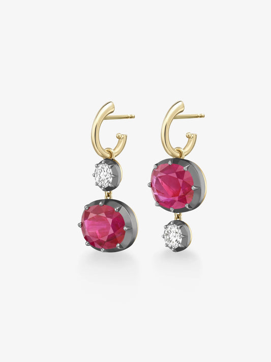 Asymmetric 9.10ct Oval Ruby & Diamond Hoop Earrings View 2