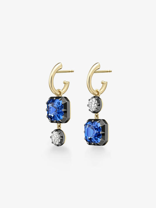 Asymmetric 5.10ct Emerald Sapphire & Diamond Hoop Earrings View 2