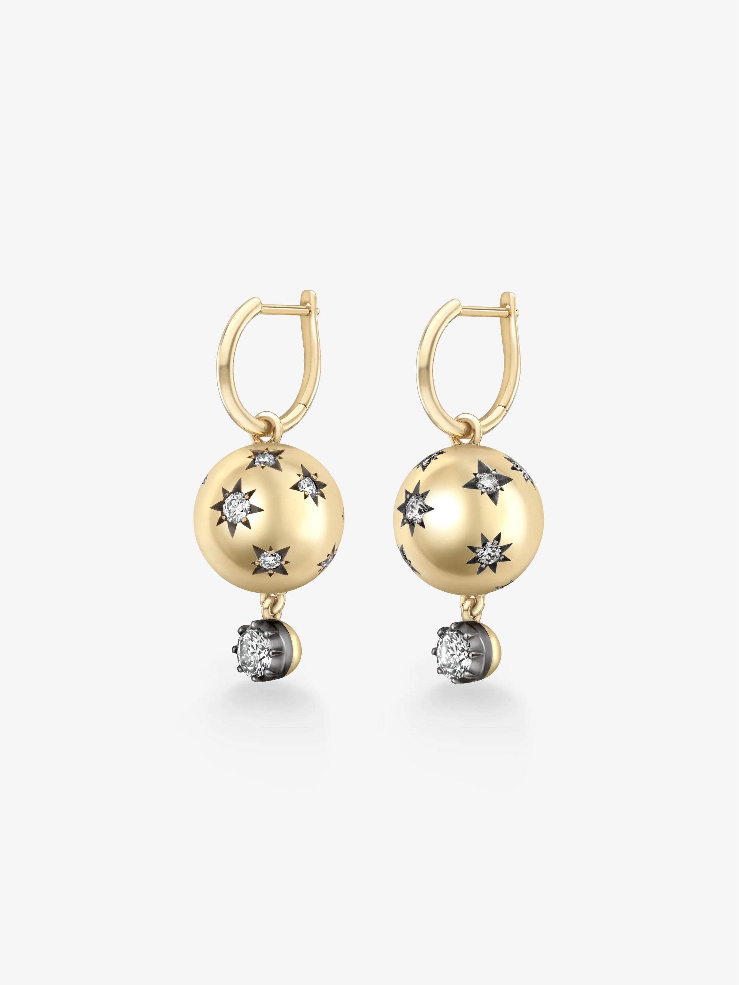Orbit Yellow Gold Star-Set & Diamond Sphere Gypset Hoop Earrings View 2