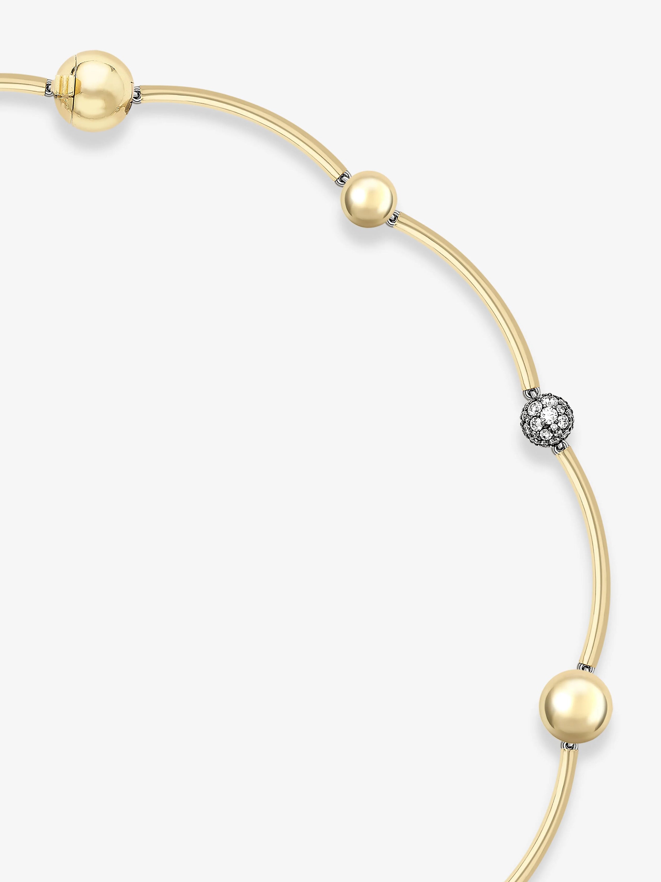 Delicate yellow gold necklace featuring a blend of smooth gold spheres and a pavé diamond sphere, showcasing timeless craftsmanship with contemporary elegance. View 2
