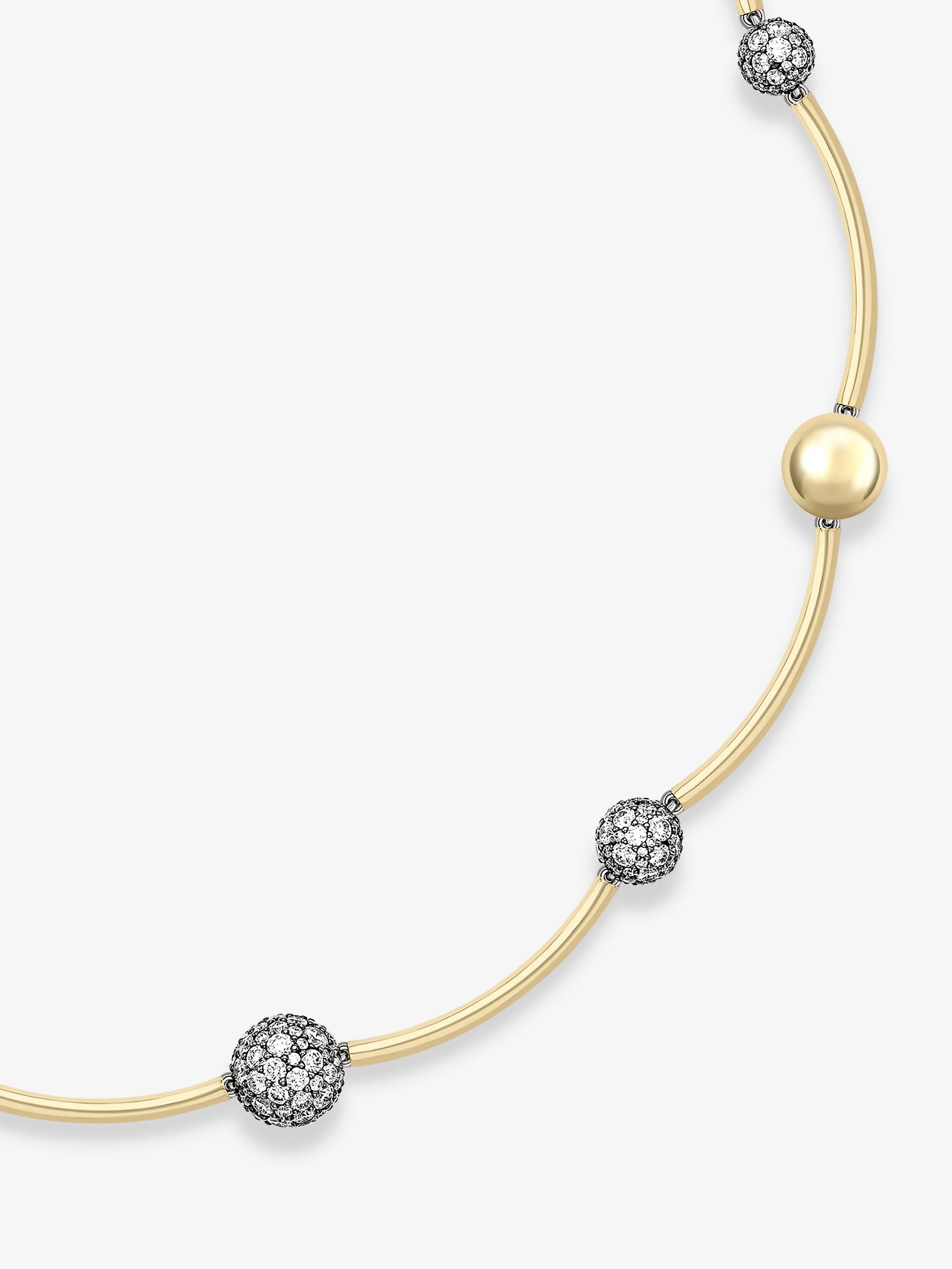 Delicate yellow gold necklace featuring a contemporary design with a polished gold sphere and diamond pavé spheres, blending antique-inspired craftsmanship and modern elegance. View 4