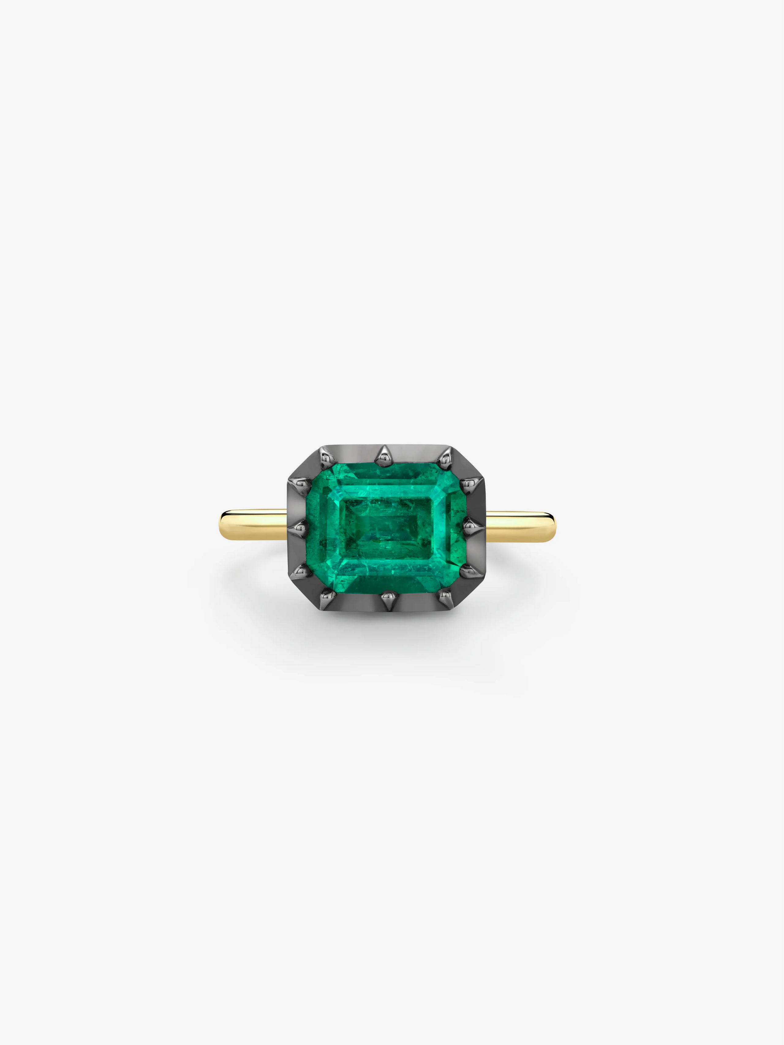 3.28ct East-West Emerald Cut Emerald Button Back Ring View 1