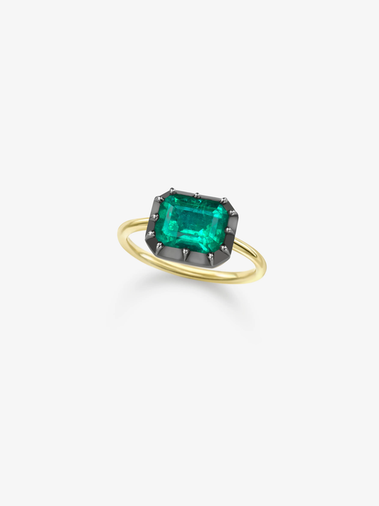 3.28ct East-West Emerald Cut Emerald Button Back Ring View 2