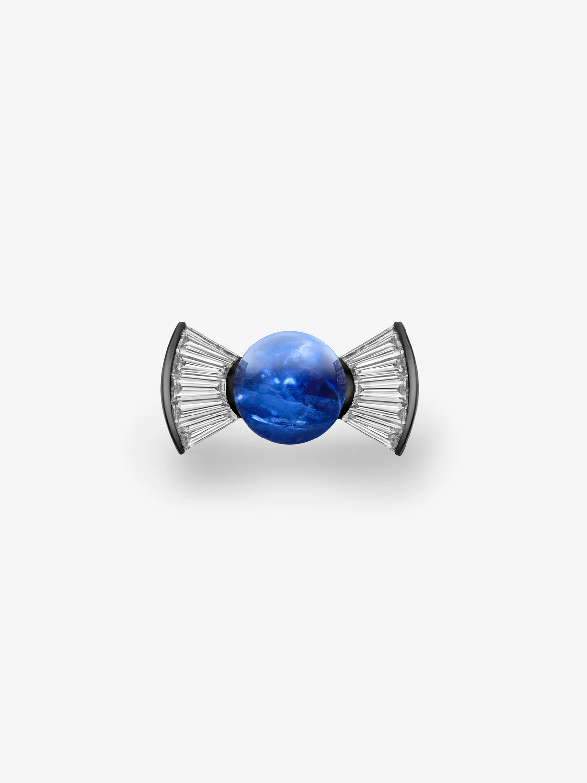 Jessica McCormack diamond and sapphire ring featuring a vivid blue round sapphire framed by fan-shaped diamond settings in a sculptural bow design View 1