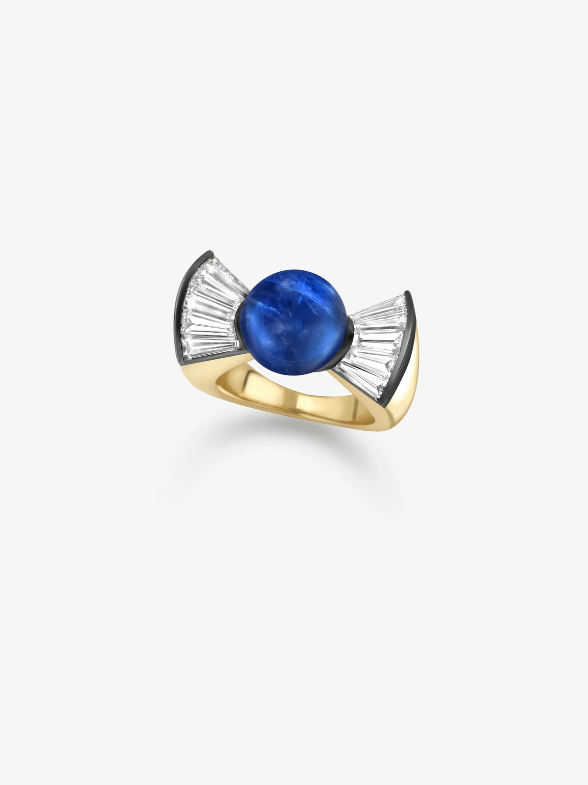 Yellow gold ring with a round blue sapphire centre and fan-shaped diamond accents, showcasing contemporary style and traditional craft techniques. View 2