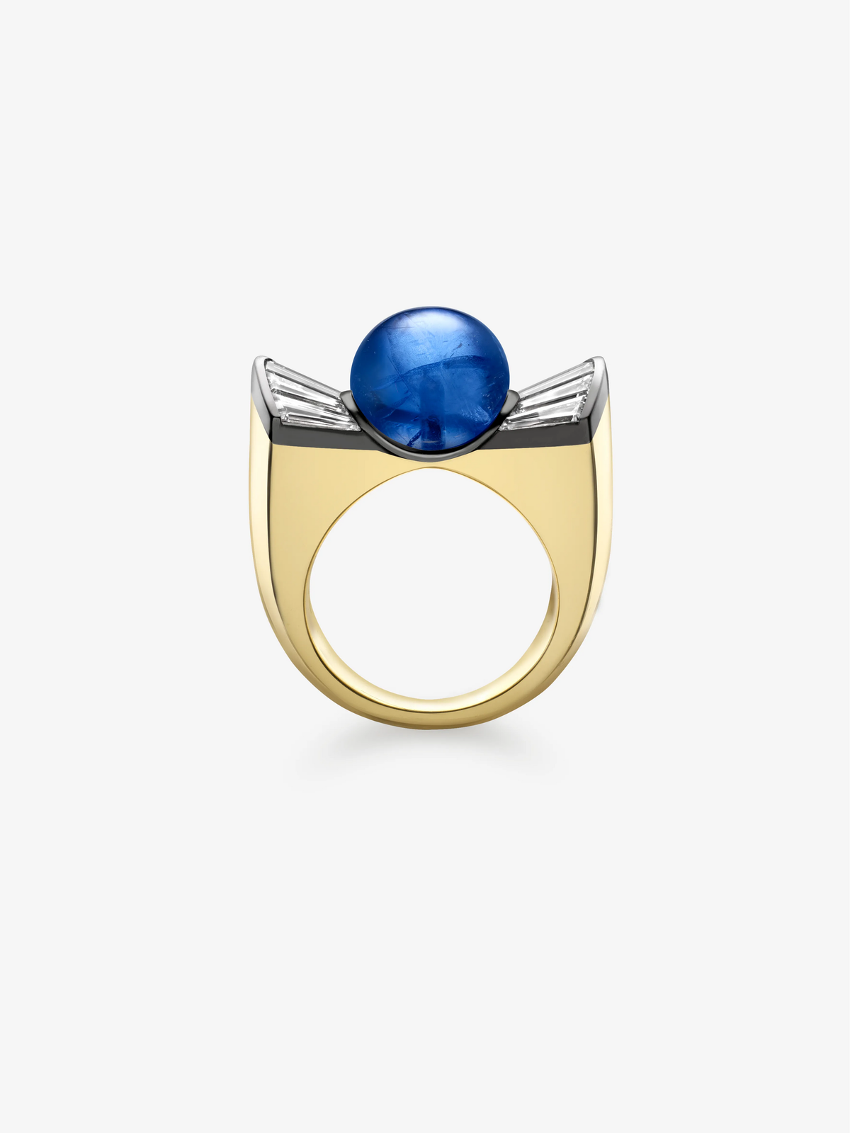 Bows diamond and sapphire ring with a round blue sapphire, diamond set bow shoulders, and contrasting yellow and white gold bands View 4
