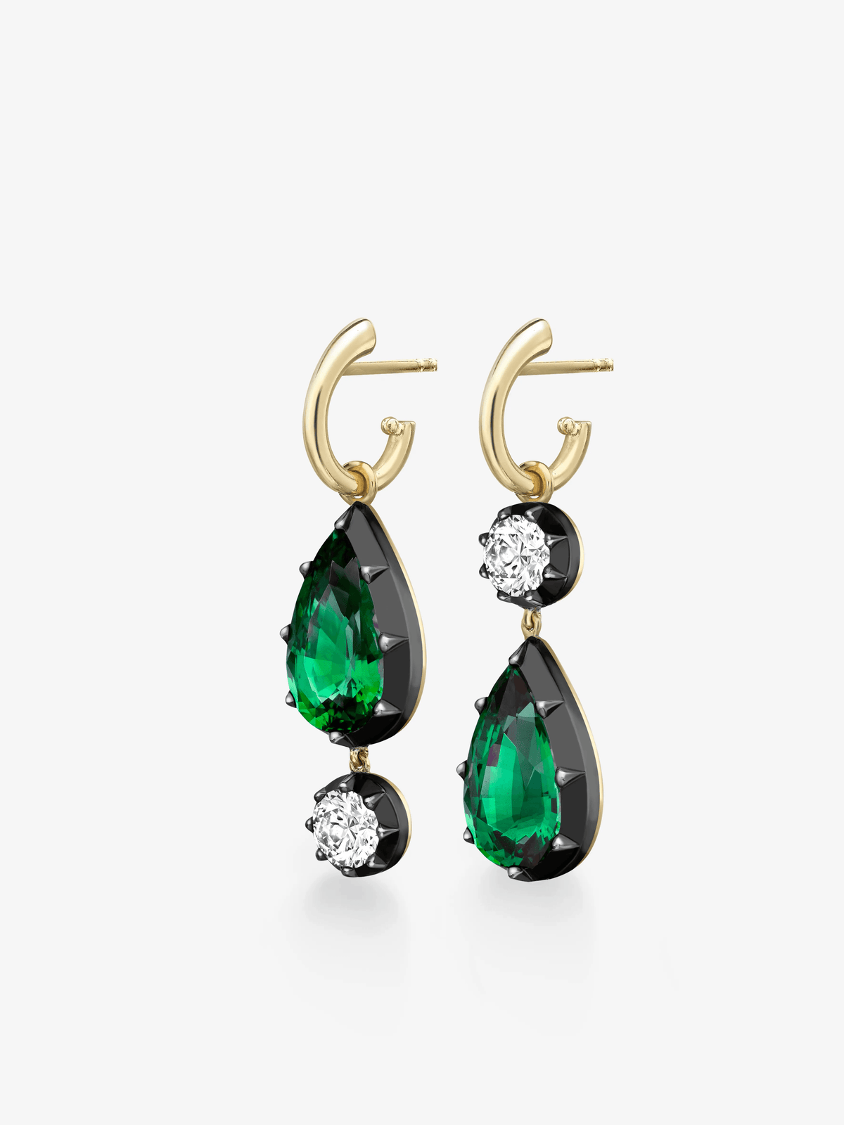 Asymmetric Pear-Shaped Emerald & Diamond Gypset Hoop Earrings View 2