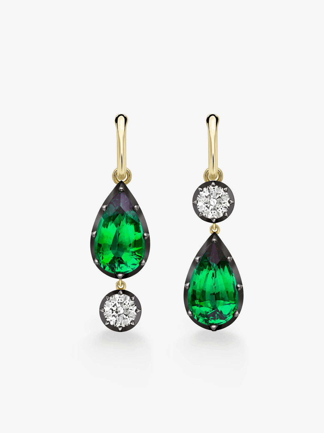 Asymmetric Pear-Shaped Emerald & Diamond Gypset Hoop Earrings  View 1