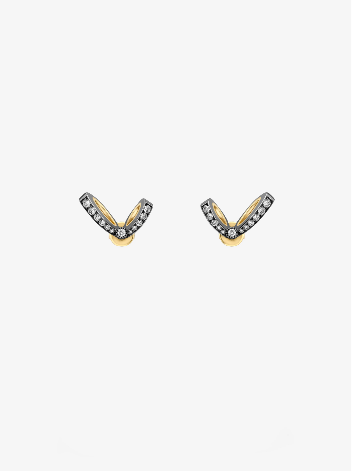 Pair of diamond and ribbon drop earrings in 18K yellow and blackened white gold, featuring a sculptural V shape and contemporary style View 7
