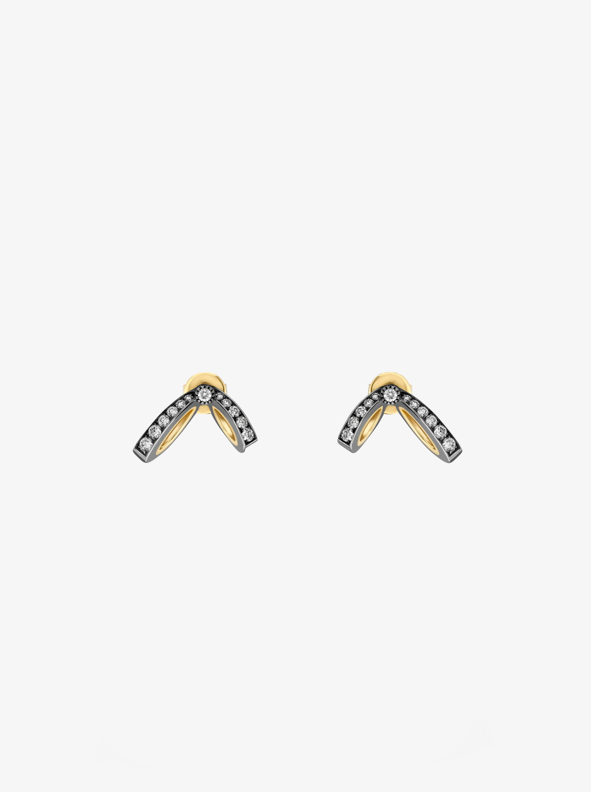 Pair of Jessica McCormack diamond ribbon drop earrings with curved diamond set bands and contrasting gold details, shown against a white background View 6
