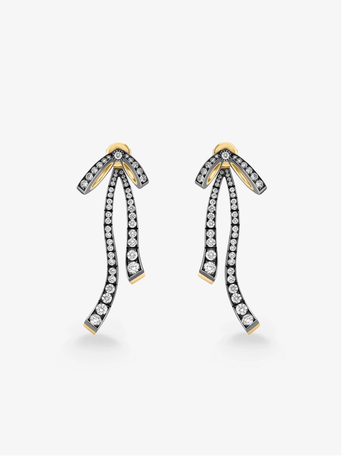 Jessica McCormack diamond bow and ribbon drop earrings in blackened gold with diamond set curved ribbons and yellow gold accents View 2