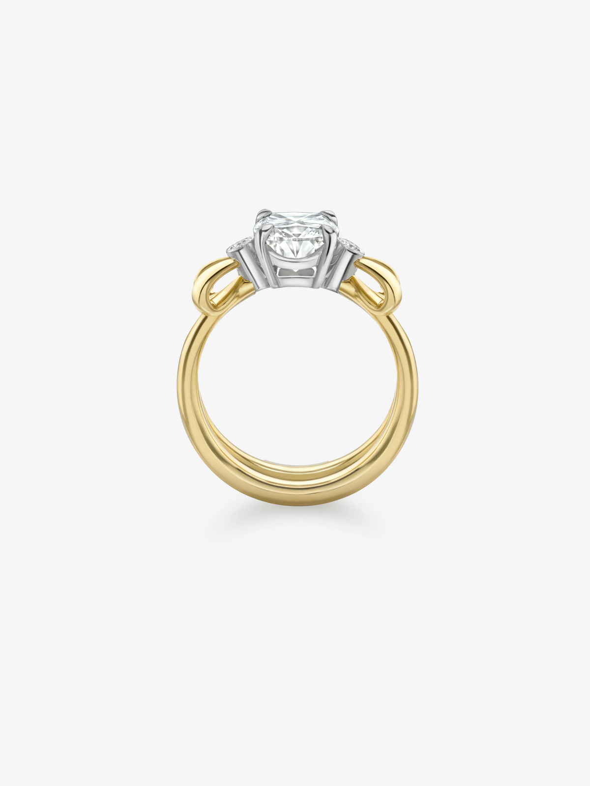 Jessica McCormack two tone gold ring with a cushion cut diamond in a distinctive sculptural setting viewed from the back View 5