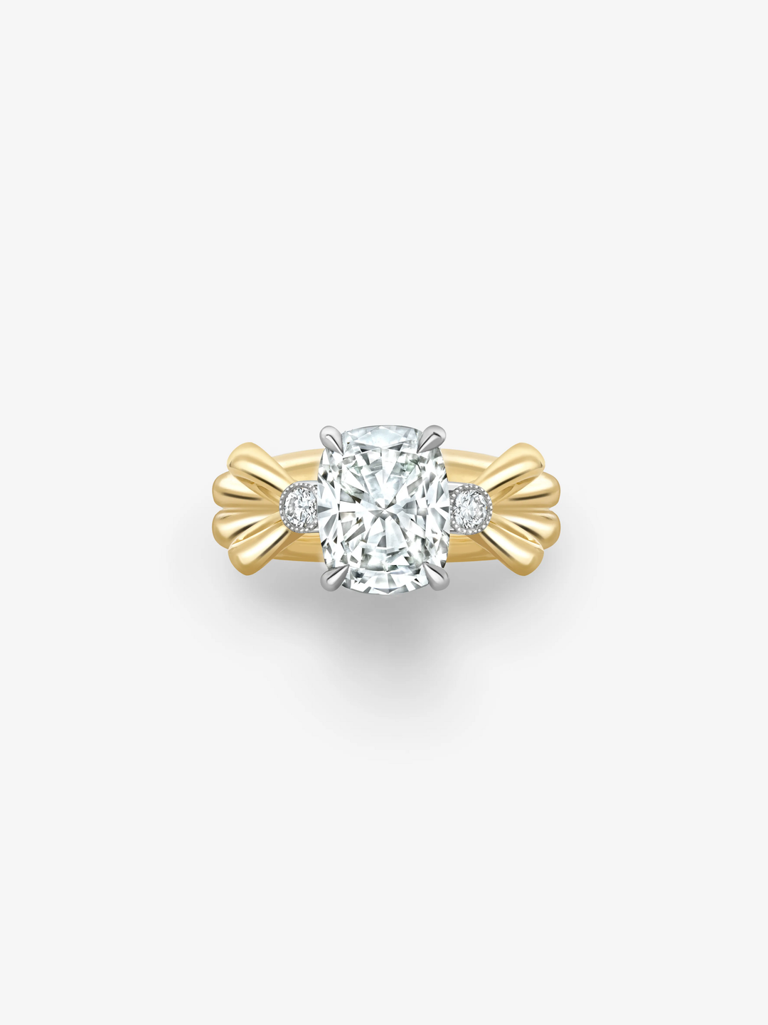 Cushion cut diamond ring with a central 2.21ct diamond, round side diamonds and sculptural yellow gold bow-inspired shoulders  View 1