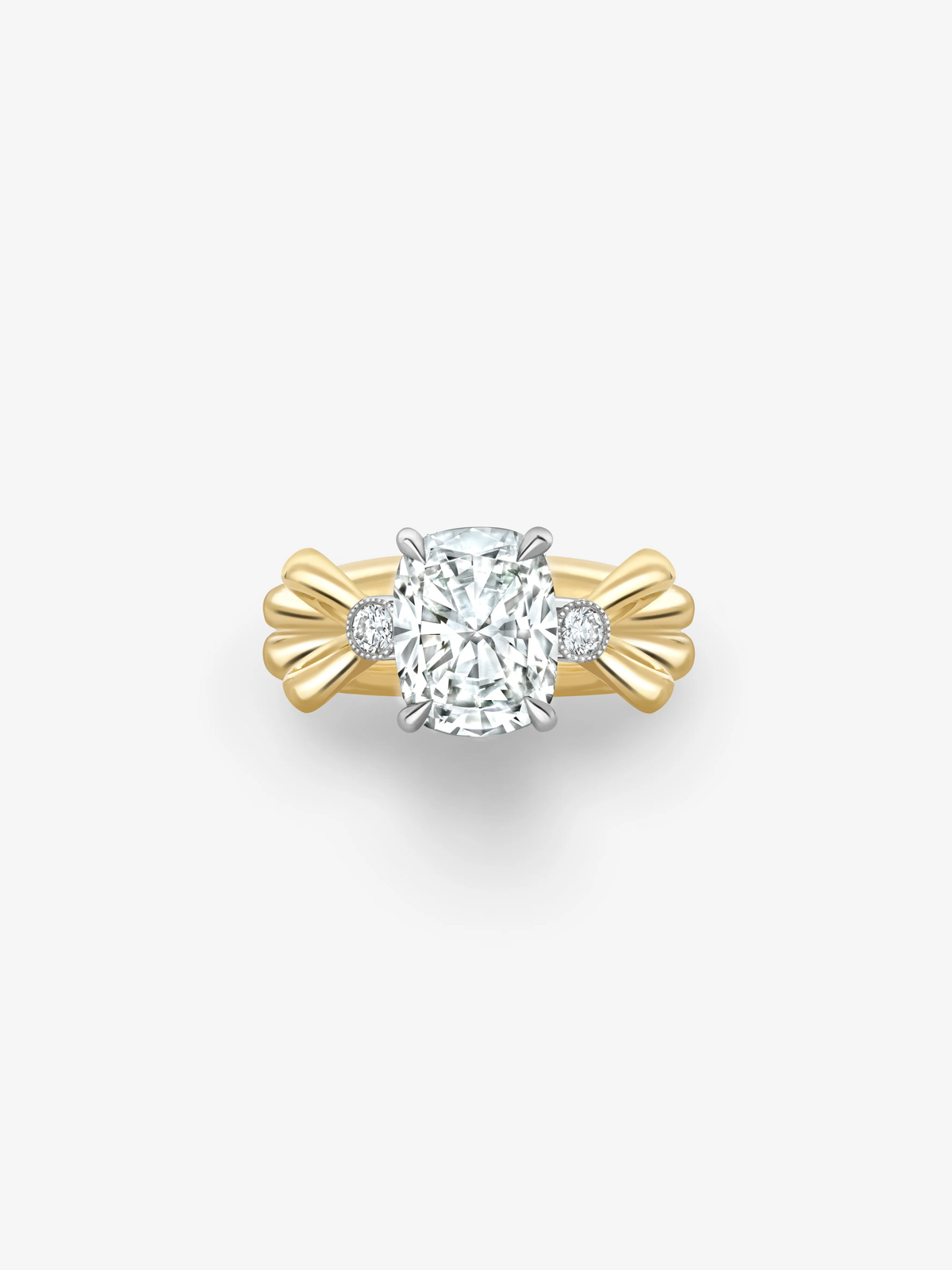 Cushion cut diamond ring with a central 2.21ct diamond, round side diamonds and sculptural yellow gold bow-inspired shoulders View 1